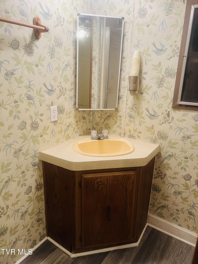 bathroom with vanity and wood-type flooring