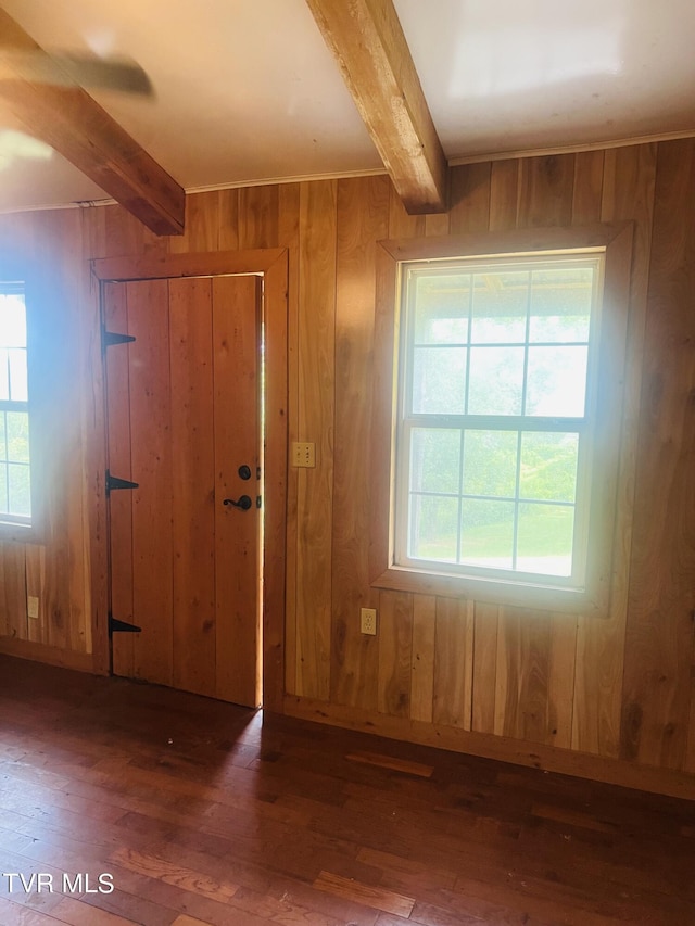 foyer entrance with beamed ceiling, dark hardwood / wood-style flooring, and a wealth of natural light