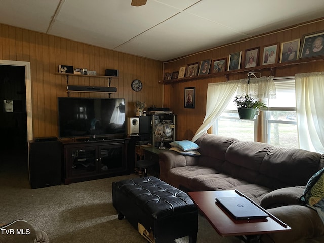 living room with wood walls and carpet floors