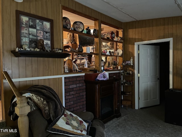 interior space with wood walls and carpet floors