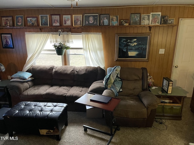 living room with carpet flooring and wood walls