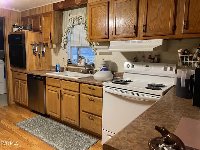 kitchen with sink, light hardwood / wood-style flooring, stainless steel dishwasher, white electric stove, and oven