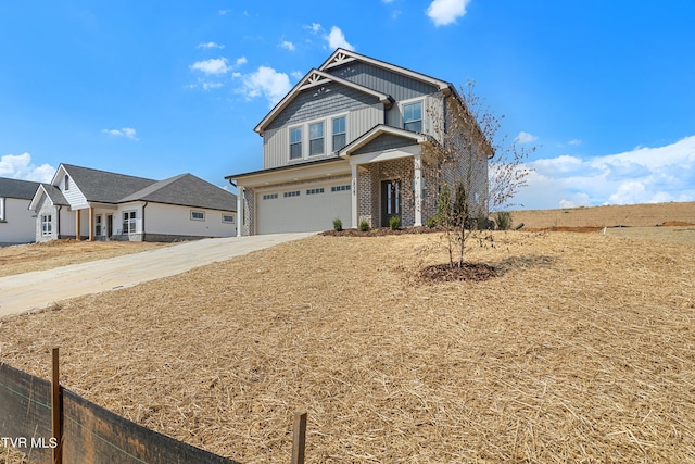 craftsman-style house featuring driveway, an attached garage, fence, board and batten siding, and brick siding