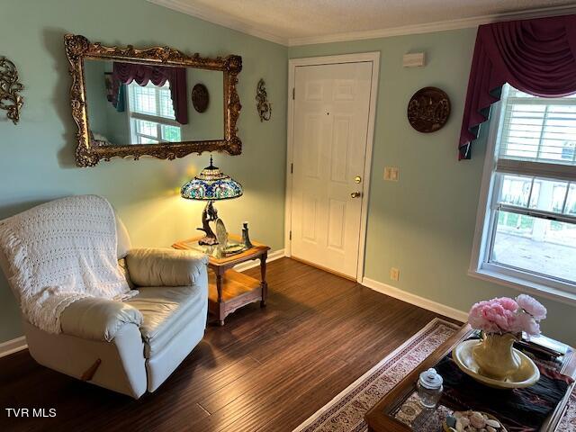 sitting room with crown molding and dark wood-type flooring