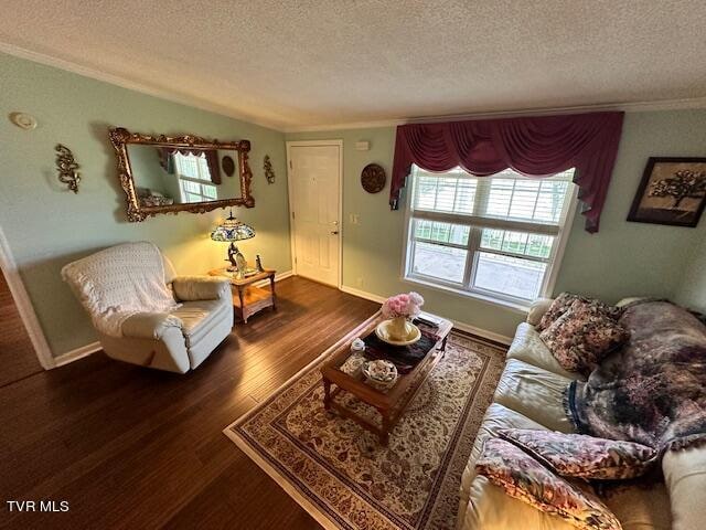 living room featuring dark hardwood / wood-style flooring, a textured ceiling, and crown molding