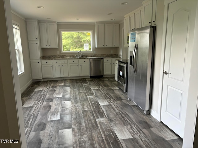 kitchen with stainless steel appliances, sink, and dark wood-type flooring