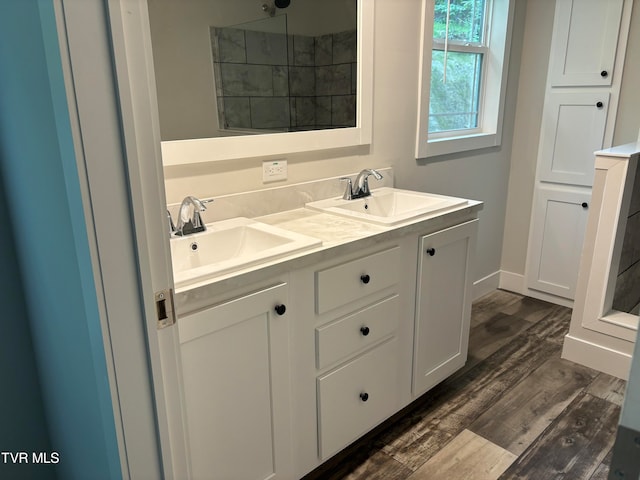 bathroom with double vanity and hardwood / wood-style flooring