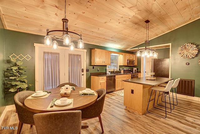 kitchen featuring wooden ceiling, black dishwasher, light hardwood / wood-style floors, lofted ceiling, and decorative light fixtures