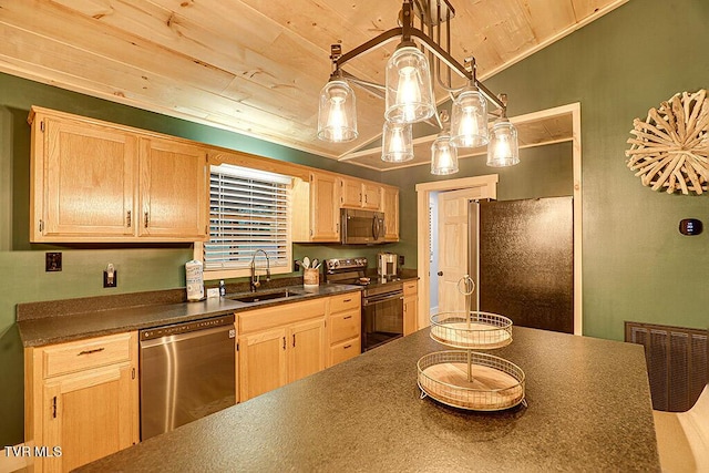 kitchen featuring sink, hanging light fixtures, stainless steel appliances, light brown cabinetry, and wood ceiling