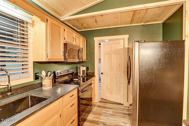 kitchen featuring light brown cabinetry, light wood-type flooring, wood ceiling, stainless steel appliances, and sink