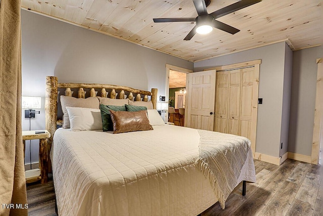 bedroom featuring a closet, hardwood / wood-style flooring, ceiling fan, and wooden ceiling