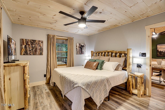 bedroom featuring ceiling fan, hardwood / wood-style floors, and wood ceiling