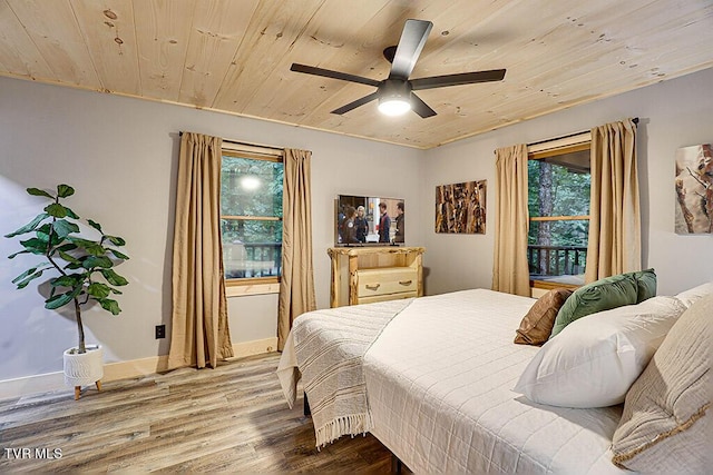 bedroom featuring hardwood / wood-style floors, ceiling fan, and wooden ceiling