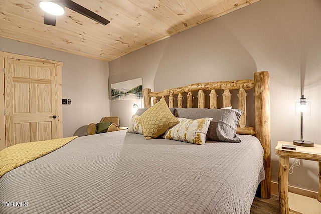 bedroom featuring ceiling fan, dark hardwood / wood-style flooring, and wooden ceiling