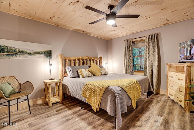 bedroom with ceiling fan, hardwood / wood-style floors, and wooden ceiling