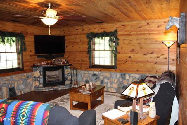 2044 Pigeon Creek Rd, Greeneville, TN 37743 - living room featuring ceiling fan, wood walls, a fireplace, and wood ceiling