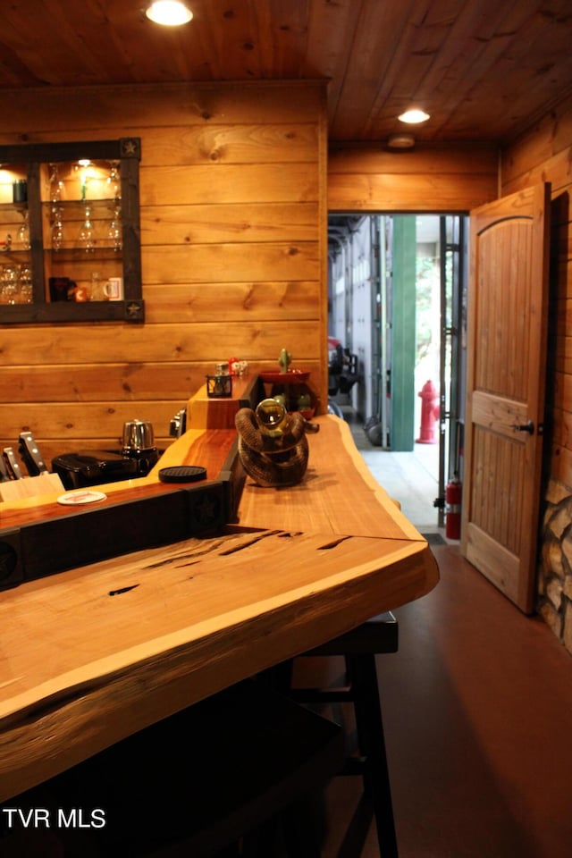 2044 Pigeon Creek Rd, Greeneville, TN 37743 - dining area with wooden ceiling, indoor wet bar, and wooden walls