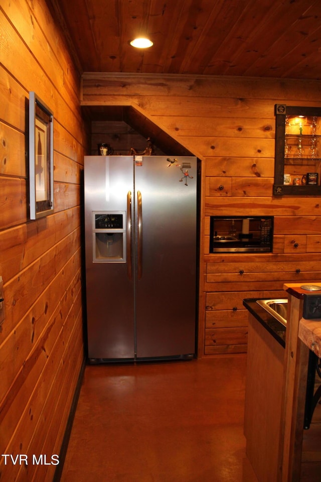 2044 Pigeon Creek Rd, Greeneville, TN 37743 - kitchen featuring wood walls, wood ceiling, and stainless steel refrigerator with ice dispenser
