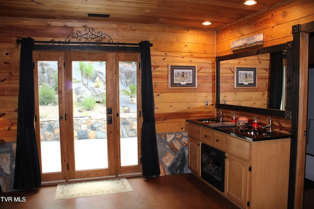 2044 Pigeon Creek Rd, Greeneville, TN 37743 - doorway to outside with wood ceiling, a sink, and wood walls