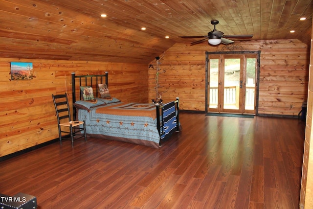 2044 Pigeon Creek Rd, Greeneville, TN 37743 - unfurnished bedroom featuring wooden walls, wooden ceiling, wood finished floors, access to outside, and vaulted ceiling
