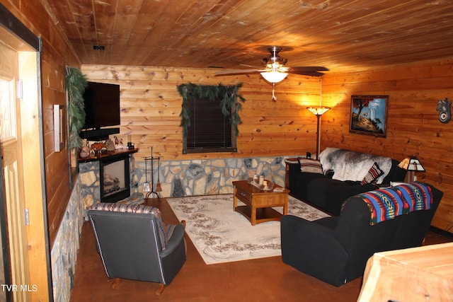 2044 Pigeon Creek Rd, Greeneville, TN 37743 - living room featuring wood ceiling, a fireplace, wooden walls, and ceiling fan