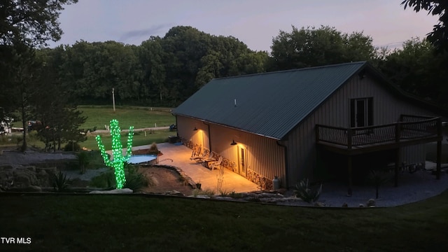 2044 Pigeon Creek Rd, Greeneville, TN 37743 - exterior space with a forest view, metal roof, a lawn, and an outdoor structure