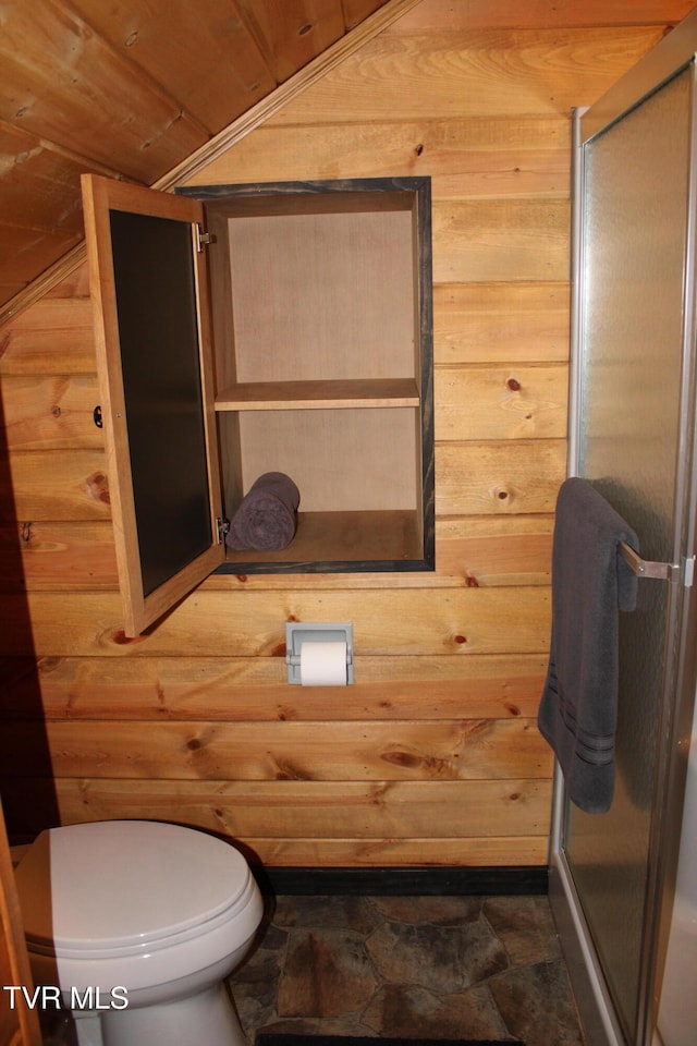 2044 Pigeon Creek Rd, Greeneville, TN 37743 - full bath featuring wood ceiling, wood walls, toilet, and a stall shower