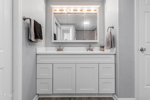 bathroom with wood finished floors, double vanity, a sink, and a textured wall