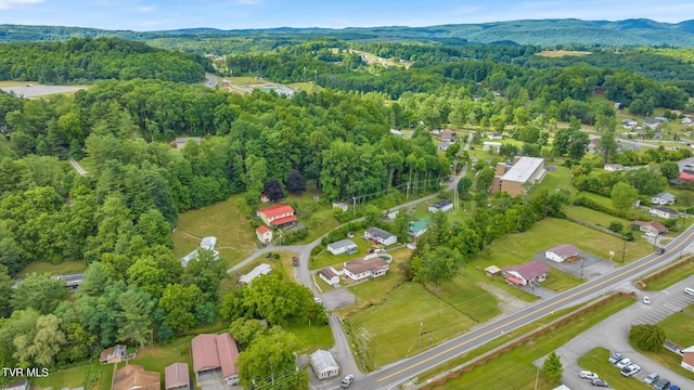 birds eye view of property featuring a mountain view and a view of trees