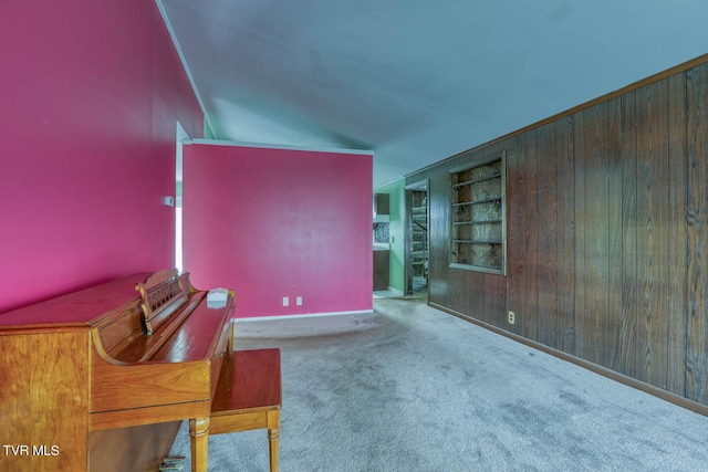 interior space featuring carpet flooring, built in features, and wood walls