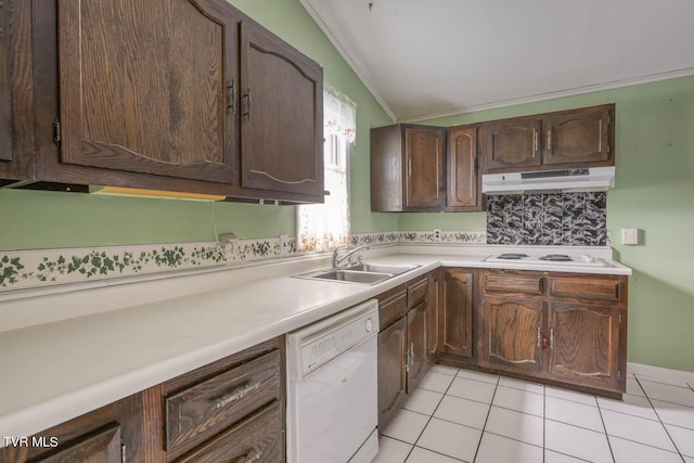 kitchen featuring lofted ceiling, sink, white appliances, and dark brown cabinets