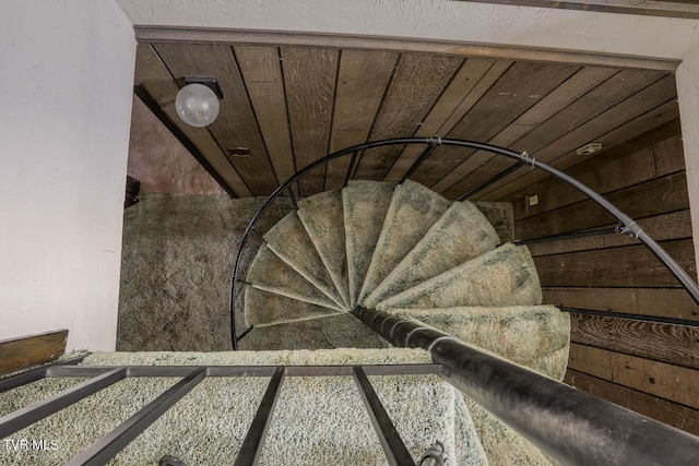 staircase featuring wood ceiling