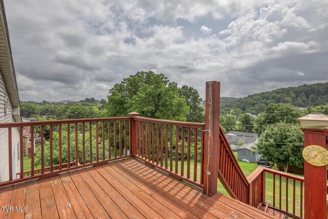 wooden terrace with a lawn