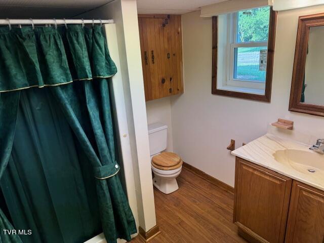 bathroom with toilet, a shower with shower curtain, wood finished floors, vanity, and baseboards