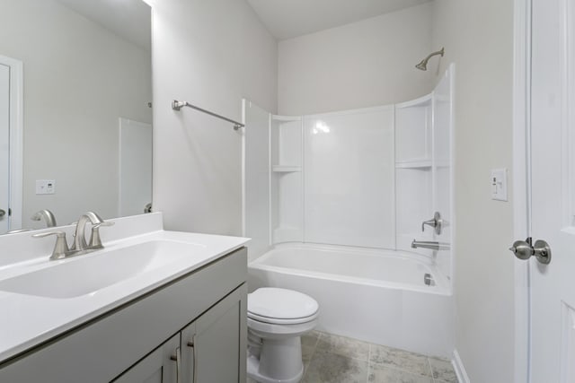 full bathroom featuring vanity, tub / shower combination, tile patterned flooring, and toilet