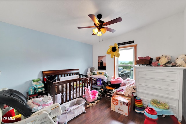 bedroom featuring ceiling fan and dark hardwood / wood-style flooring