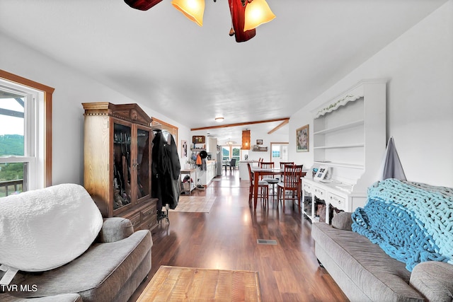 living room featuring ceiling fan and hardwood / wood-style floors