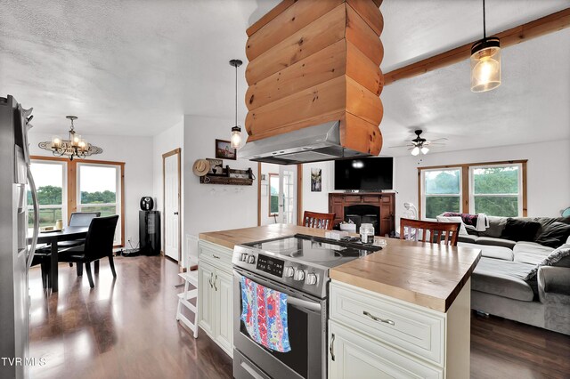 kitchen with wooden counters, appliances with stainless steel finishes, dark hardwood / wood-style floors, and hanging light fixtures