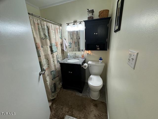 bathroom with vanity, crown molding, and toilet