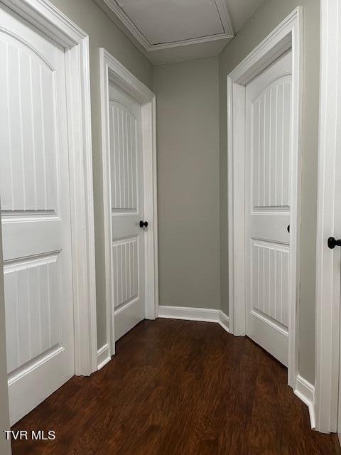 corridor featuring dark hardwood / wood-style flooring