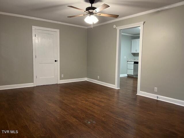 unfurnished room featuring ceiling fan, baseboards, crown molding, and dark wood-style floors