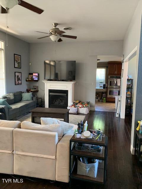 living room featuring ceiling fan and dark hardwood / wood-style flooring