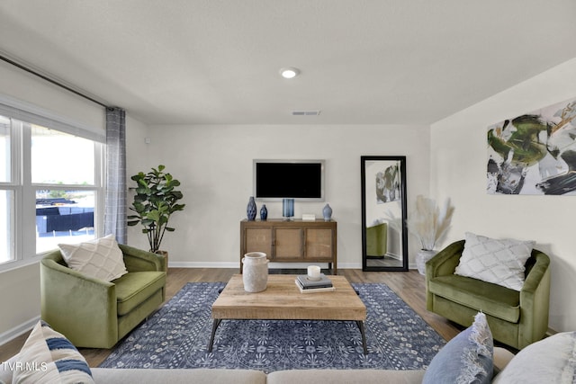 living area featuring wood finished floors, visible vents, and baseboards