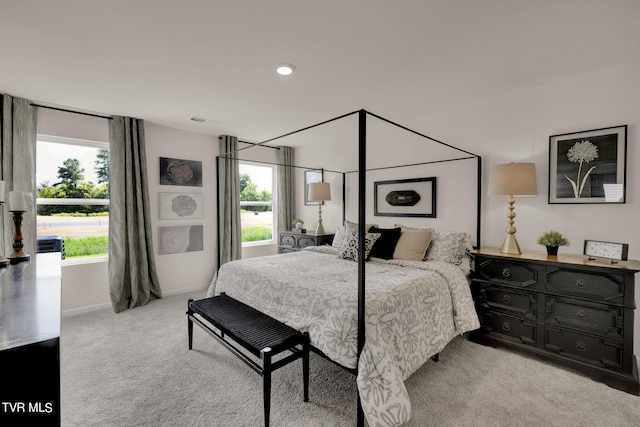 bedroom featuring light carpet and multiple windows