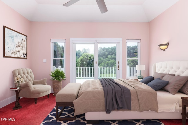 bedroom featuring vaulted ceiling, carpet, access to outside, and ceiling fan