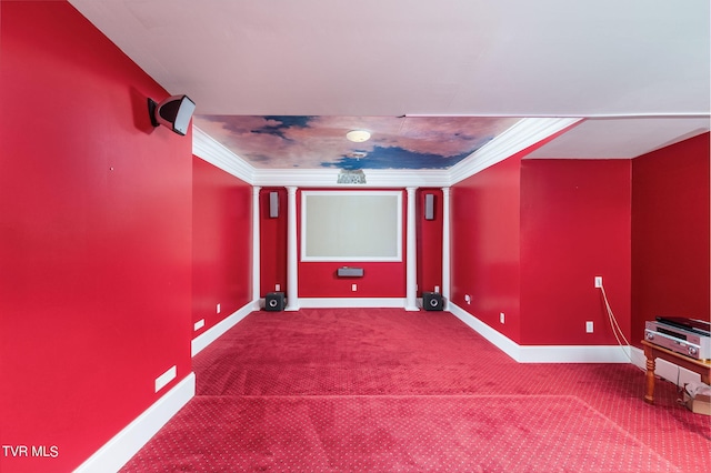 cinema with crown molding, carpet floors, and ornate columns