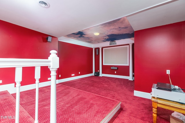 home theater featuring carpet flooring