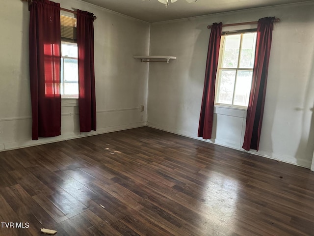 spare room with plenty of natural light and dark hardwood / wood-style floors