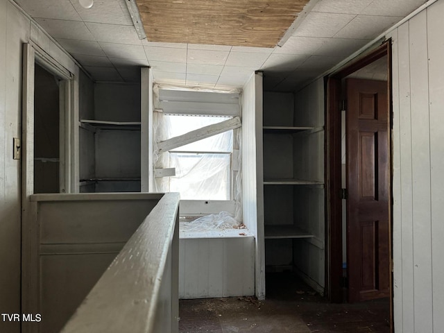 hallway featuring wood walls