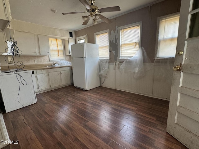 kitchen featuring sink, backsplash, dark hardwood / wood-style flooring, white fridge, and stove